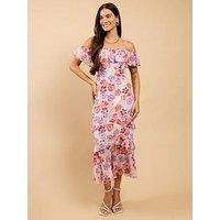 Little Mistress Floral Print Ruffle Bardot Midaxi Dress