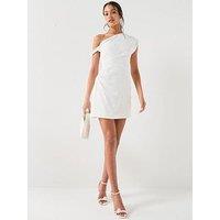Six Stories Pearl Trim Asymmetric Bardot Mini Dress - White