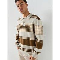 Double A By Wood Wood Curt Striped Long Sleeve Polo Shirt - Light Beige
