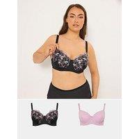 Yours Curve 2 Pack Padded Embroidered Bras - Black