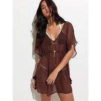 New Look Sheer Sparkly Beach Kaftan Dress - Dark Brown