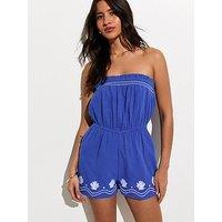 New Look Embroidered Hem Beach Bandeau Playsuit - Blue
