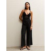 New Look Crochet Bodice Wide Leg Jumpsuit - Black