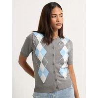 Pixiegirl Petite Argyle Short Sleeve Cardigan - Grey