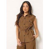 Pixiegirl Petite Utility Sleeveless Tie Waist Top - Brown