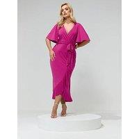 Yours Curve Wrap Ruffle Dress - Pink