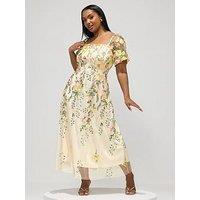 Yours Curve Square Neck Embroidered Maxi Dress - Yellow