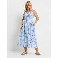 Yours Curve Linen Milkmaid Dress - Blue