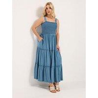 Yours Curve Shirred Strappy Chambray Maxi Dress - Blue