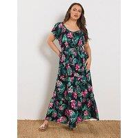 Yours Curve Tropical Tie Neck Bardot Maxi Dress - Black