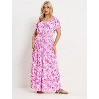 Yours Curve Floral Tie Neck Bardot Maxi Dress - Pink