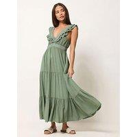 Pixiegirl Petite Acid Wash Frill Maxi Dress - Green