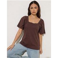 Pixiegirl Petite Crochet Neck Flutter Sleeve Top - Brown