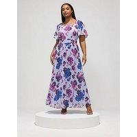 Yours Curve Floral Square Neck Pleated Dress - Blue