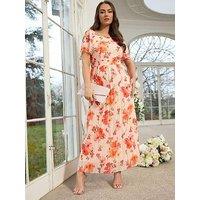 Yours Curve Floral Square Neck Pleat Dress - White