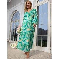 Yours Curve Abstract Long Sleeve Pleated Dress - Green