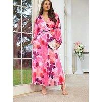 Yours Curve Abstract Long Sleeve Pleated Dress - Pink