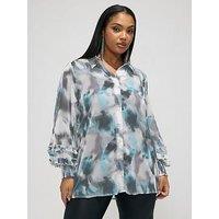 Yours Curve Abstract Print Cuffed Shirt - Cream