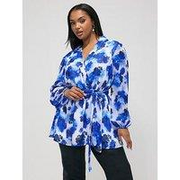 Yours Curve Floral Blur Wrap Top - Blue