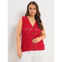 Yours Curve Floral Crochet Waistcoat - Red