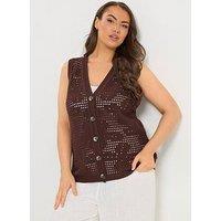 Yours Curve Floral Crochet Waistcoat - Brown