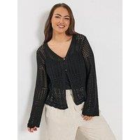Yours Curve Pointelle Stitch Cardigan - Black