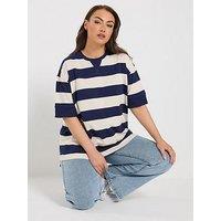 Yours Curve Striped Heavyweight T-Shirt - Blue
