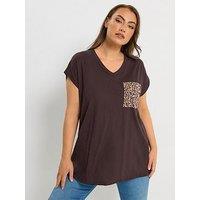 Yours Curve Stud Pocket T-Shirt - Brown