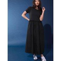 Pixiegirl Petite Short Sleeve Mixed Ruffle Seam Midi Dress - Black