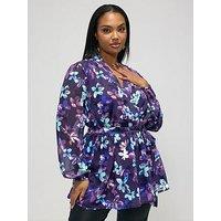 Yours Curve Floral Wrap Top - Blue