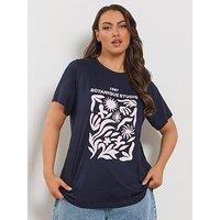 Yours Curve Placement T-Shirt - Blue