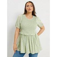 Yours Curve Texture Shirred Peplum Top - Green