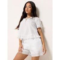Pixiegirl Petite Short Sleeve Broderie Trim Tie Front Top - White