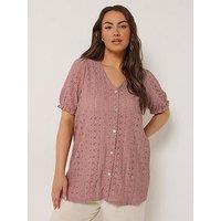 Yours Curve Puff Sleeve Anglaise Blouse - Pink