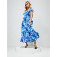 Yours Curve Abstract Print Smock Tiered Dress - Blue