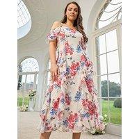 Yours Curve Rose Floral Ruffle Dress - White