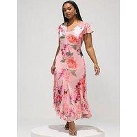 Yours Curve Floral Godet Dress - Pink