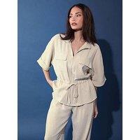 Pixiegirl Petite Short Sleeve Linen Look Tie Shacket - Cream