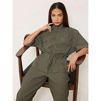 Pixiegirl Petite Short Sleeve Linen Look Tie Shacket - Green