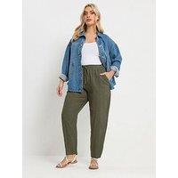 Yours Curve Linen Barrel Leg Trousers - Green
