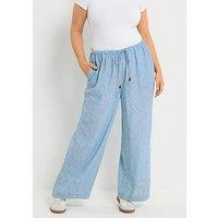 Yours Curve Linen Look Beaded Wide Leg Trousers - Blue