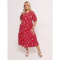 Yours Curve Puff Sleeve Tiered Daisy Dress - Red