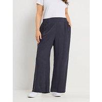 Yours Curve Linen Mix Pull On Wide Leg Trousers - Blue