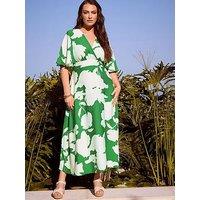 Yours Curve Linen Look Kimono Wrap Dress - Green