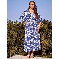 Yours Curve Linen Look Kimono Wrap Dress - Blue