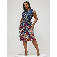 Yours Curve Multi 3D Floral Shift Dress - Blue