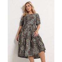 Yours Curve Puff Sleeve Tiered Leopard Dress - Print