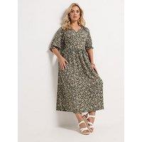 Yours Curve Notch Neck Floral Print Dress - Green