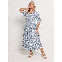 Yours Curve Notch Neck Tiered Floral Dress - White