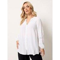 Yours Curve Crochet Sleeve Crinkle Notchneck Top - White